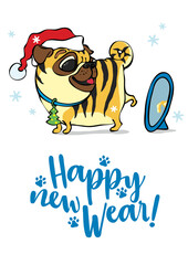 Happy new year greeting card design with tiger-like dressed pug dog