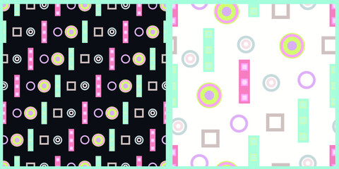 Vector set of geometric seamless patterns in pastel colors on white isolated background. Circles and squares. 