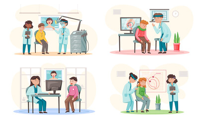 Otolaryngologist doctor with nose, ear and throat or ENT diagnostic and treatment instruments. Otology doctor with patient. Otorhinolaryngology healthcare medicine or otolaryngology diseases