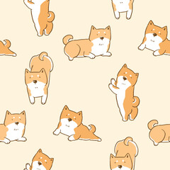 Seamless Pattern of Cartoon Shiba Inu Dog Design on Yellow Background