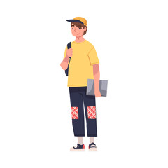 Man as Modern University Student in Baseball Cap Standing with Backpack and Book Vector Illustration