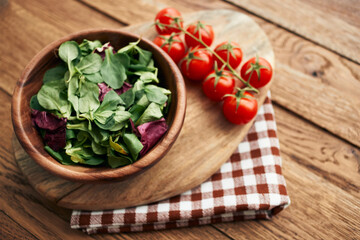 salad plate vegetables fresh ingredients wooden table kitchen