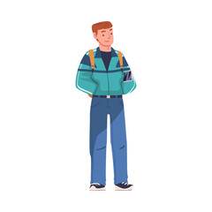 Man as Modern University Student Standing with Backpack Vector Illustration