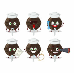 A character image design of sweet chocolate lolipop as a ship captain with binocular
