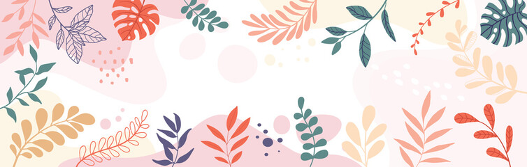 Design banner frame flower Spring background with beautiful. flower background for design. Colorful background with tropical plants. Place for your text.