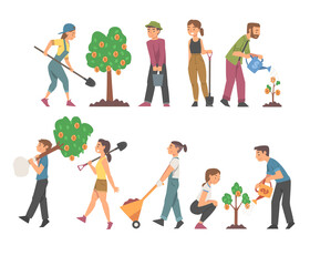 Fototapeta premium People Characters Planting and Cultivating Money Tree Watering and Fertilizing Soil Vector Set