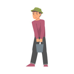 Young Man with Bucket Working in the Garden or Yard Vector Illustration