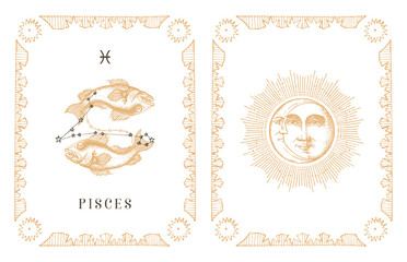 Pisces zodiac symbol and constellation, old card.