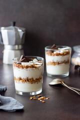 Granola with yogurt, coconut and chocolate. Muesli. Breakfast. Vegetarian food. Healthy eating.