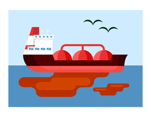 Oil spill from tanker illustration. Pollution of environment through fuel spills into ocean global environmental disaster in marine area modern industry pollutes environment. Vector cartoon ecology.