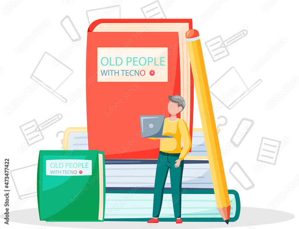 Poster old people with technology, retiree with laptop learn to work with computer browsing internet. grand