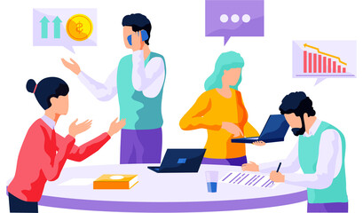 Teamwork with analysis of data, statistical indicators. Colleagues discussing business development. Businesspeople plan to increase income of company, deal with bankruptcy, financial crisis