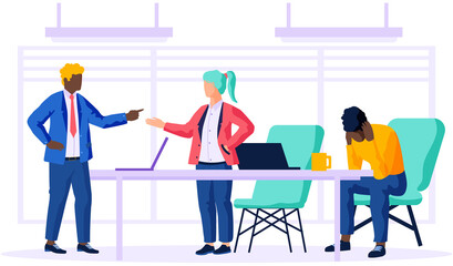 Office employee discussion, problem solving, dealing with business strategy. Colleagues are discussing upcoming bankruptcy, ruin of company. Sad businesspeople planning to solve enterprise issues