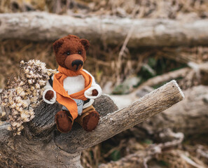 A handmade teddy bear in clothes with an orange scarf sits on a wooden stand on a blurred background of nature in brown and beige tones.