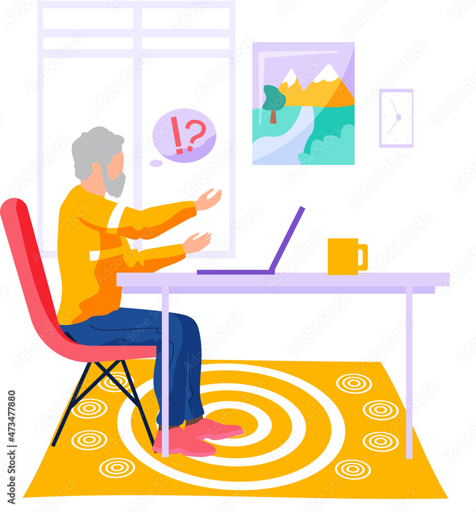 Poster old man working on computer at home. online education, web courses, modern technologies and old age.