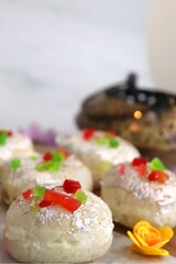 Rasmalai or Malai Sandwich, Roshmolai, Rasamalei is very popular Indian dessert. A sweet malai stuffing inside Rasgulla. It's a sweet delicacy made with Indian cottage cheese or chenna. Copy space.