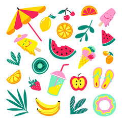 Set of cute icons, beach party items collection.