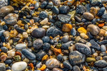 abstract background with round pebble stones. Vacation holiday recreation on beach concept. High quality photo