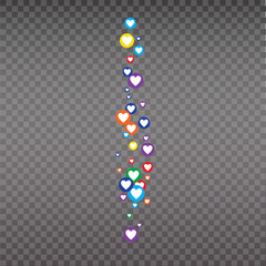 Live like, flying color hearts for stream. Live video and flying likes. Social media elements falling.