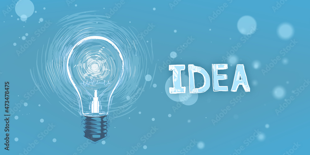 Poster Glowing light bulb on blue background with text. Idea, innovation and success concept. 3D Rendering.