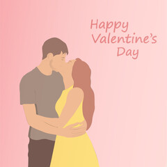Boy and girl kissing valentine's day card in flat style