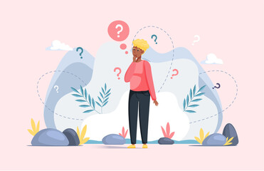 Making confusion. Woman thought about solution to problem, choose options person concept. Career, life and question decision process visualization. Person thinks hesitates to make ones choice