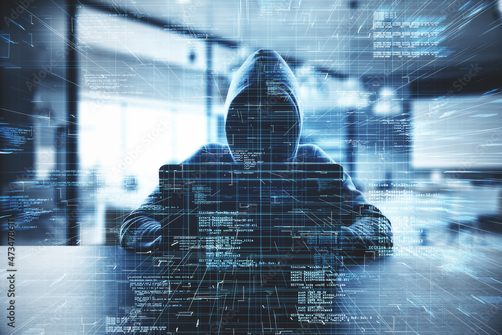 Aufkleber Hacker at desk using computer with creative glowing coding big data interface on dark interior background. Technology and futuristic network. Double exposure.