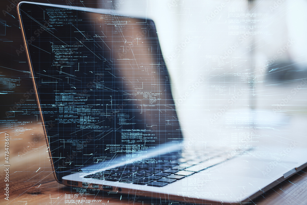 Poster Close up of laptop with creative glowing coding big data interface on blurry background. Technology and futuristic network. Double exposure.