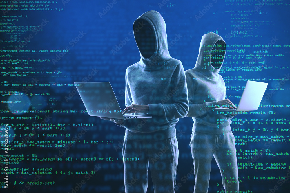 Poster Image of a group of hackers in hoodies standing on abstract dark coding backdrop. Malware, phishing and theft concept. Double exposure.