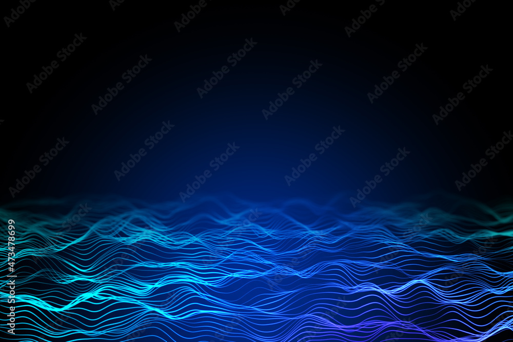 Poster bright digital polygonal wave on dark texture with mock up place. technology and design concept. 3d 