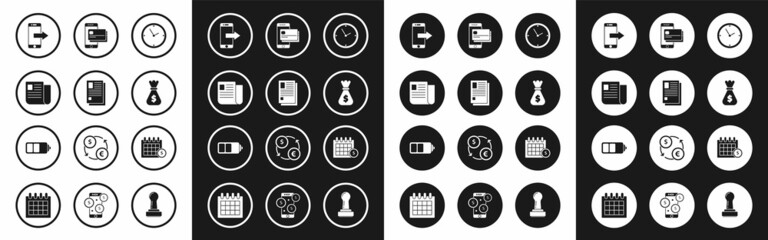 Set Clock, File document, Smartphone, mobile phone, Money bag, Mobile and credit card, Financial calendar and Battery charge level indicator icon. Vector