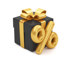 Black gift box with gold percentage on a white background. 3d render illustration. Black Friday.