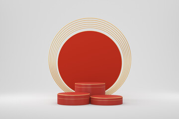 Red podium from cylinders and a gold frame on a white background. Presentation stand. 3d render illustration for business ideas.