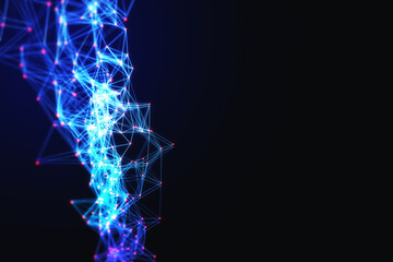 Creative digital polygonal wave on dark wallpaper with mock up place. Technology and design concept. 3D Rendering.