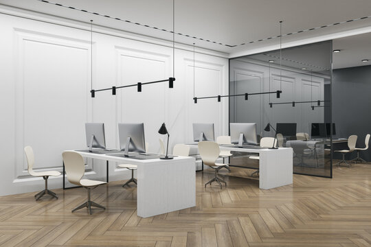 Contemporary coworking office interior with furniture, wooden flooring, concrete walls, equipment and daylight. Workplace. 3D Rendering.