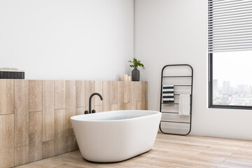 Fototapeta na wymiar Concrete and wooden luxury bathroom interior with bright window and city view, various objects. Hotel and luxury home concept. 3D Rendering.