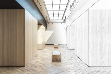Sketch of creative wooden exhibition hall interior with sunlight from ceiling window, mock up place and seats. Gallery, repairs and museum concept. 3D Rendering.