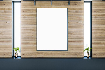 Obraz na płótnie Canvas Modern wooden gallery interior with designer windows, decorative plants and empty white mock up banner on wall. Exhibition and art concept. 3D Rendering.