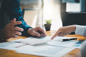 Business team meeting to conference, collaboration discussing working analyzing with financial data and marketing business strategy project, presentation and brainstorming to making profit of company