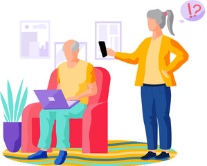 Studying computer by elderly people concept. Technology spread, oldster education, active social life, online communication, senior couple with tablet, learning to use PC, have difficulty with gadget