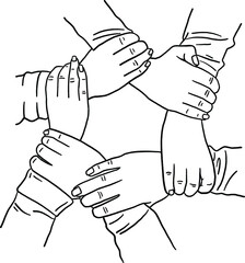 Ring of hands Teamwork concept Hand drawn line vector illustration