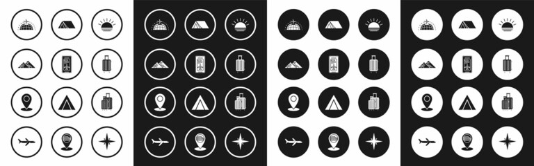 Set Sunset, Smartphone with electronic boarding pass airline ticket, Egypt pyramids, Globe flying plane, Suitcase for travel, Tourist tent, and Map pin icon. Vector