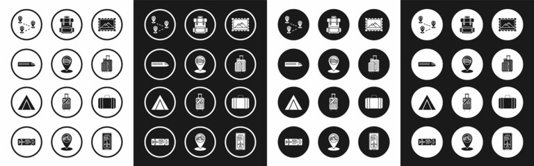 Set Postal stamp and Mountains, Map pointer with Coliseum Rome, Italy, Train, Route location, Suitcase for travel, Hiking backpack, and Tourist tent icon. Vector