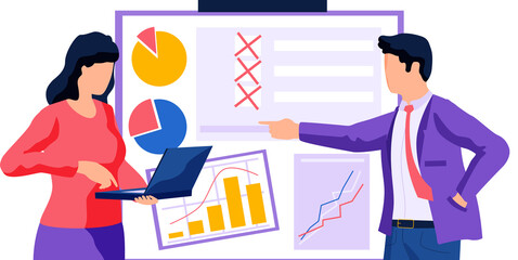 Economic problems, declining indicators of profit, financial decrease, business report. Woman with laptop and businessman work with statistical data analysis. Communication about bankruptcy, crisis