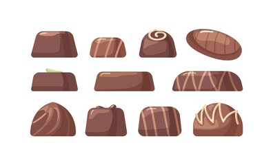 Dark and milk chocolate candies set. Sweet choco desserts. Assorted Swiss and Belgian bonbons. Cacao confectionery assortment. Realistic flat vector illustrations isolated on white background