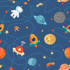 Space background. Space doodle illustration. Vector illustration. Seamless pattern with cartoon space rockets, planets, stars