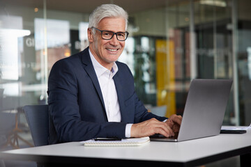 Smiling businessman with laptop at desk in office