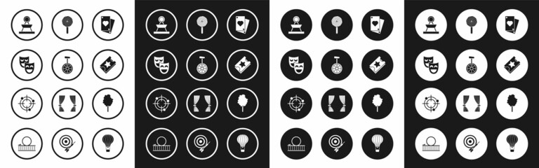 Set Playing card, Unicycle or one wheel bicycle, Comedy theatrical masks, Attraction carousel, Ticket, Lollipop, Cotton candy and Target sport for shooting competition icon. Vector © Oksana