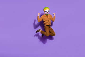 Fototapeta na wymiar Full length photo of excited delighted sloth mammal head person raise fists isolated on purple color background