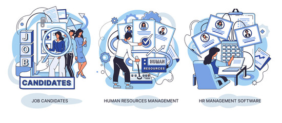 Concept human resources management, job candidates, hr management software vector set. Recruitment and headhunter service abstract icon. Find worker, job applicant, hiring and searching for employees